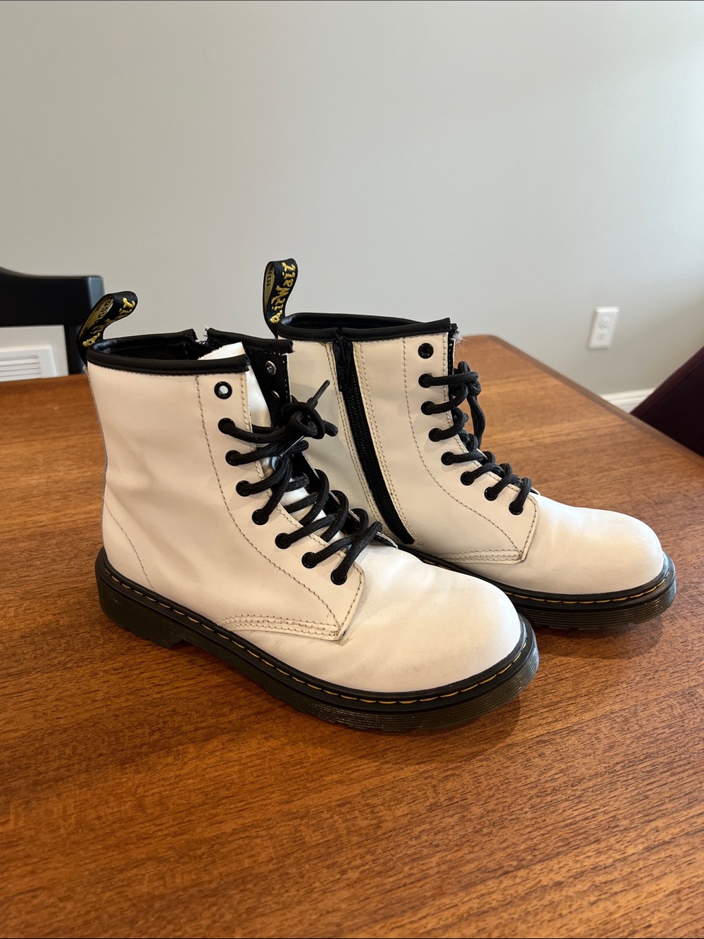 Dr. Martens White Leather Combat Boots with Black Laces & Soles